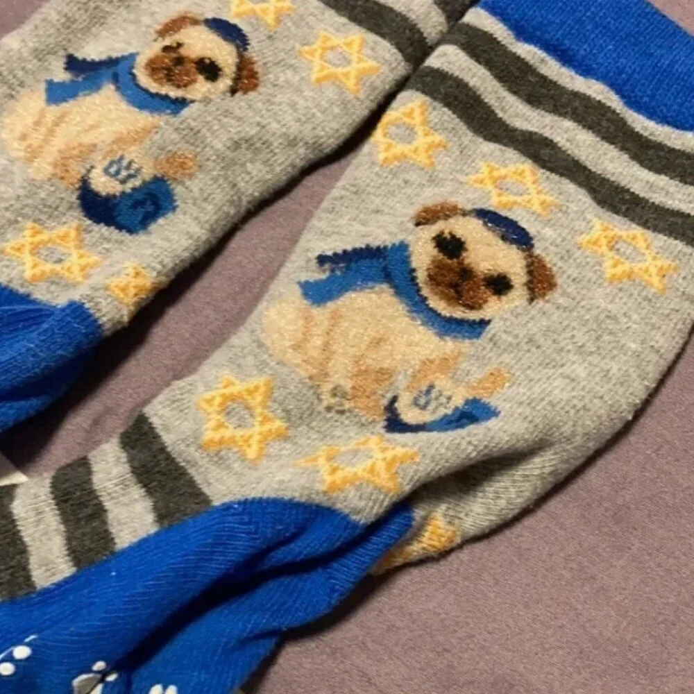 4/$20 Hannukah pug gift Socks from Hot Topic grey blue